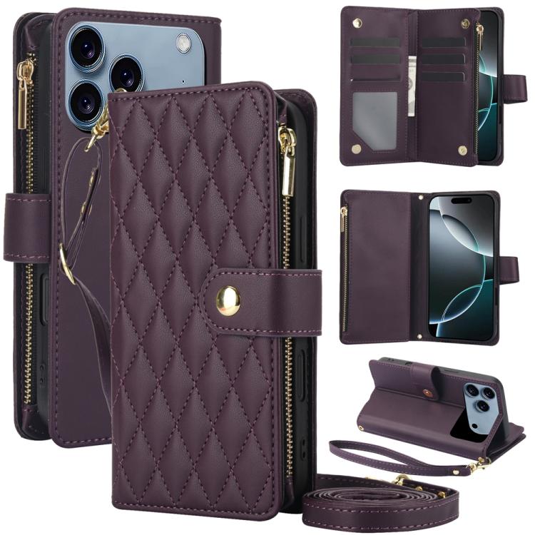 YM016 Rhombic Zipper Card Wallet Leather Phone Case with Lanyard, For iPhone 17e / 16e, For iPhone 17 Pro Max, For iPhone 17 Pro, For iPhone 17, For iPhone Air, For iPhone 16 Pro Max