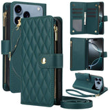 YM016 Rhombic Zipper Card Wallet Leather Phone Case with Lanyard, For iPhone 17e / 16e, For iPhone 17 Pro Max, For iPhone 17 Pro, For iPhone 17, For iPhone Air, For iPhone 16 Pro Max
