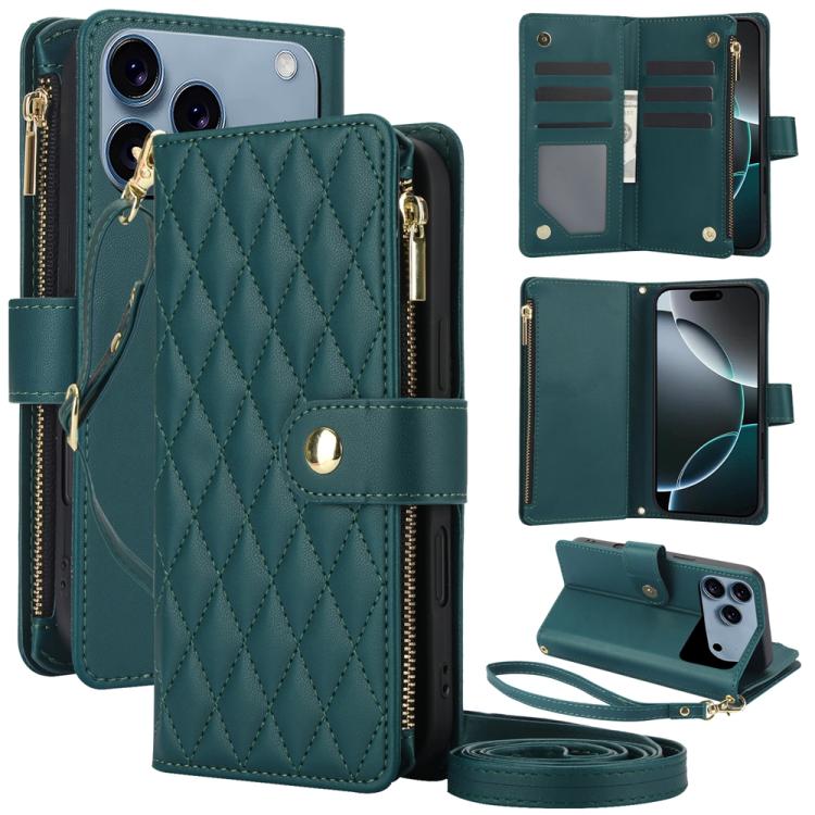 YM016 Rhombic Zipper Card Wallet Leather Phone Case with Lanyard, For iPhone 17e / 16e, For iPhone 17 Pro Max, For iPhone 17 Pro, For iPhone 17, For iPhone Air, For iPhone 16 Pro Max