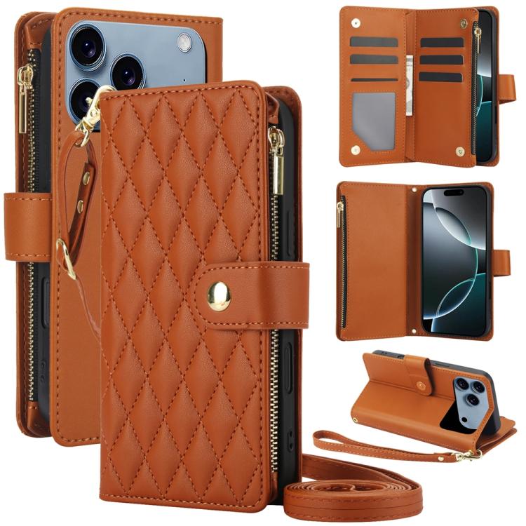 YM016 Rhombic Zipper Card Wallet Leather Phone Case with Lanyard, For iPhone 17e / 16e, For iPhone 17 Pro Max, For iPhone 17 Pro, For iPhone 17, For iPhone Air, For iPhone 16 Pro Max