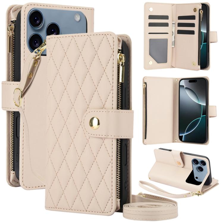 YM016 Rhombic Zipper Card Wallet Leather Phone Case with Lanyard, For iPhone 17e / 16e, For iPhone 17 Pro Max, For iPhone 17 Pro, For iPhone 17, For iPhone Air, For iPhone 16 Pro Max