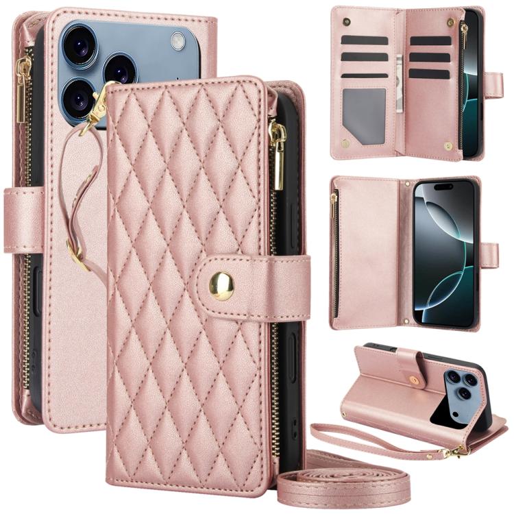 YM016 Rhombic Zipper Card Wallet Leather Phone Case with Lanyard, For iPhone 17e / 16e, For iPhone 17 Pro Max, For iPhone 17 Pro, For iPhone 17, For iPhone Air, For iPhone 16 Pro Max
