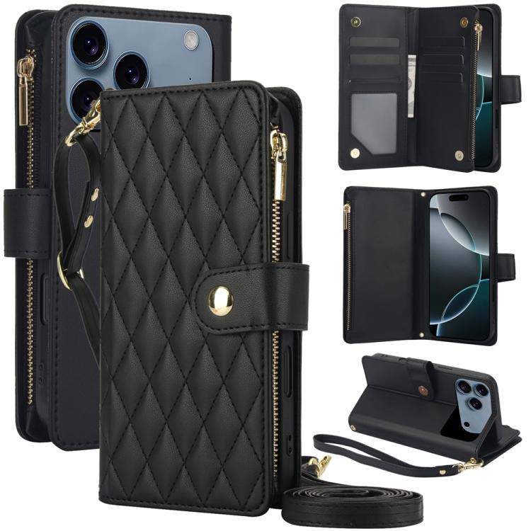 YM016 Rhombic Zipper Card Wallet Leather Phone Case with Lanyard, For iPhone 17e / 16e, For iPhone 17 Pro Max, For iPhone 17 Pro, For iPhone 17, For iPhone Air, For iPhone 16 Pro Max