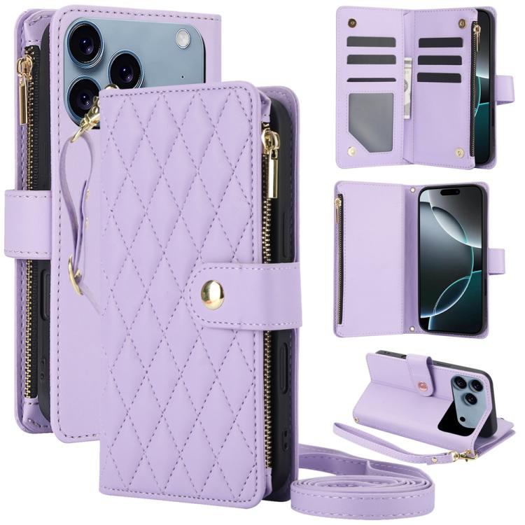 YM016 Rhombic Zipper Card Wallet Leather Phone Case with Lanyard, For iPhone 17e / 16e, For iPhone 17 Pro Max, For iPhone 17 Pro, For iPhone 17, For iPhone Air, For iPhone 16 Pro Max