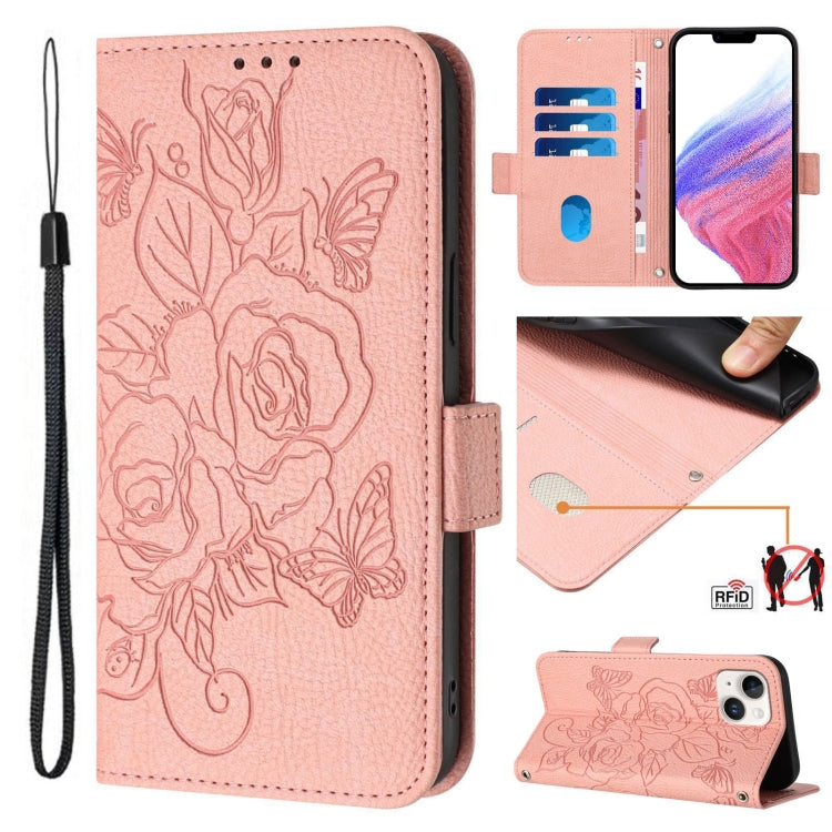 Embossed Rose RFID Anti-theft Leather Phone Case, For iPhone 16, For iPhone 15 Pro Max, For iPhone 15 Pro, For iPhone 15 Plus, For iPhone 15, For iPhone 14 Plus, For iPhone 14 / 13, For iPhone 14 Pro