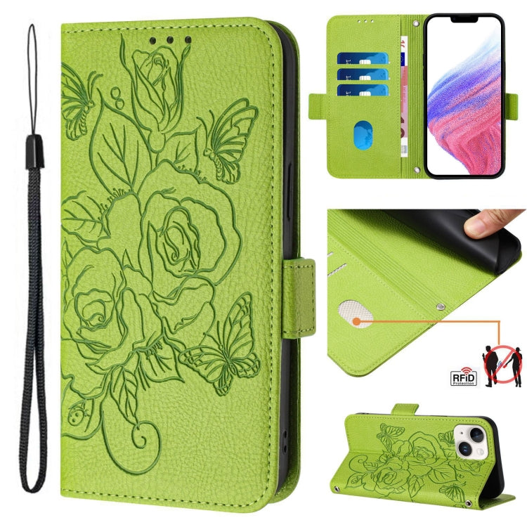 Embossed Rose RFID Anti-theft Leather Phone Case, For iPhone 16, For iPhone 15 Pro Max, For iPhone 15 Pro, For iPhone 15 Plus, For iPhone 15, For iPhone 14 Plus, For iPhone 14 / 13, For iPhone 14 Pro