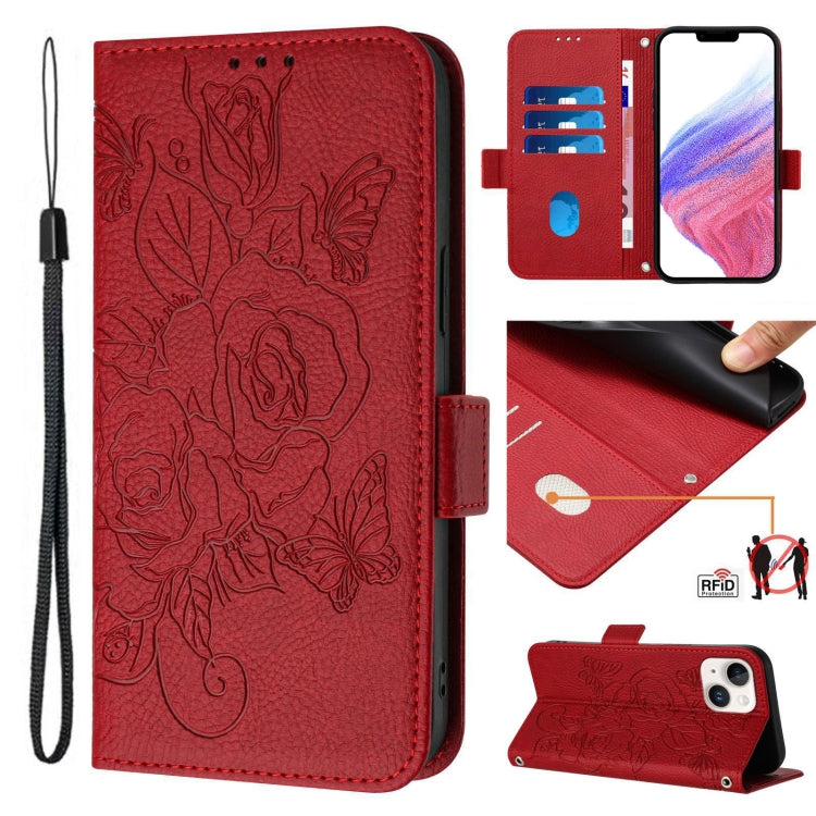 Embossed Rose RFID Anti-theft Leather Phone Case, For iPhone 16, For iPhone 15 Pro Max, For iPhone 15 Pro, For iPhone 15 Plus, For iPhone 15, For iPhone 14 Plus, For iPhone 14 / 13, For iPhone 14 Pro