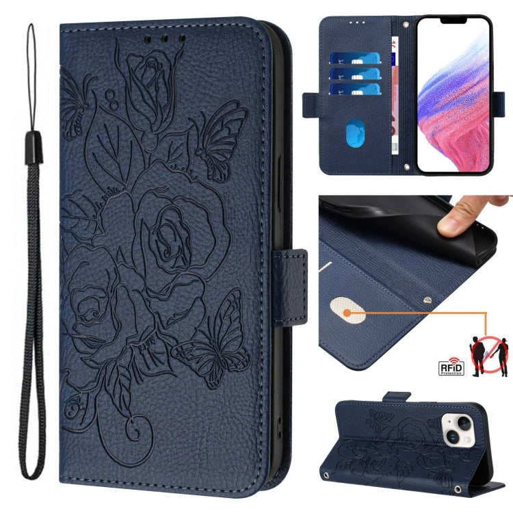 Embossed Rose RFID Anti-theft Leather Phone Case, For iPhone 16, For iPhone 15 Pro Max, For iPhone 15 Pro, For iPhone 15 Plus, For iPhone 15, For iPhone 14 Plus, For iPhone 14 / 13, For iPhone 14 Pro