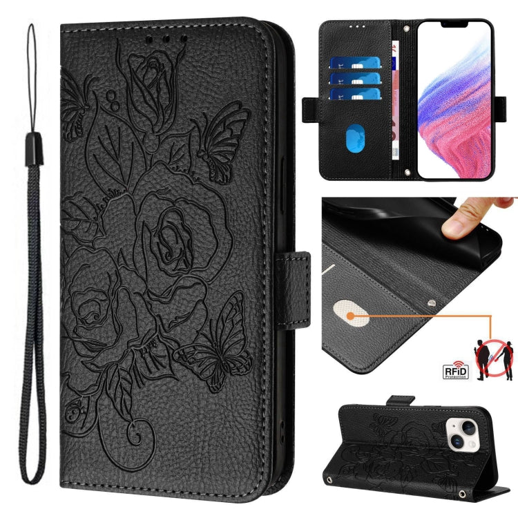 Embossed Rose RFID Anti-theft Leather Phone Case, For iPhone 16, For iPhone 15 Pro Max, For iPhone 15 Pro, For iPhone 15 Plus, For iPhone 15, For iPhone 14 Plus, For iPhone 14 / 13, For iPhone 14 Pro