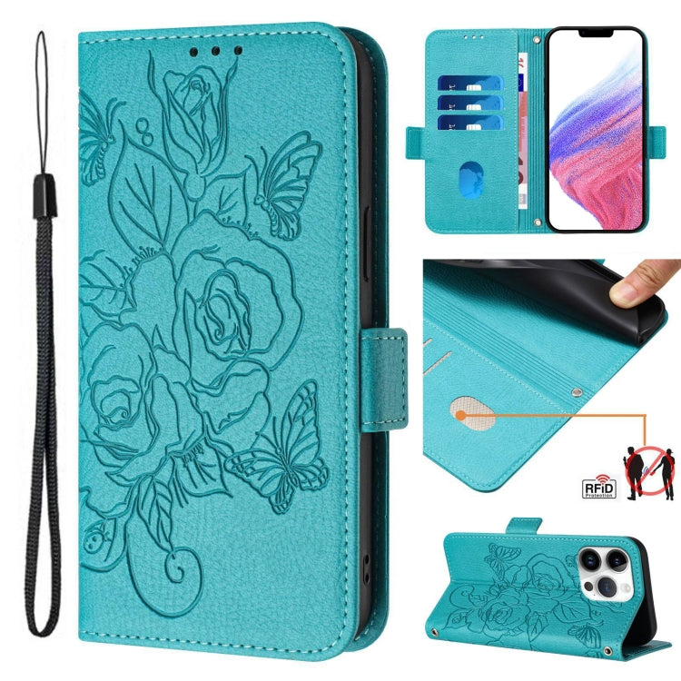 Embossed Rose RFID Anti-theft Leather Phone Case, For iPhone 16, For iPhone 15 Pro Max, For iPhone 15 Pro, For iPhone 15 Plus, For iPhone 15, For iPhone 14 Plus, For iPhone 14 / 13, For iPhone 14 Pro