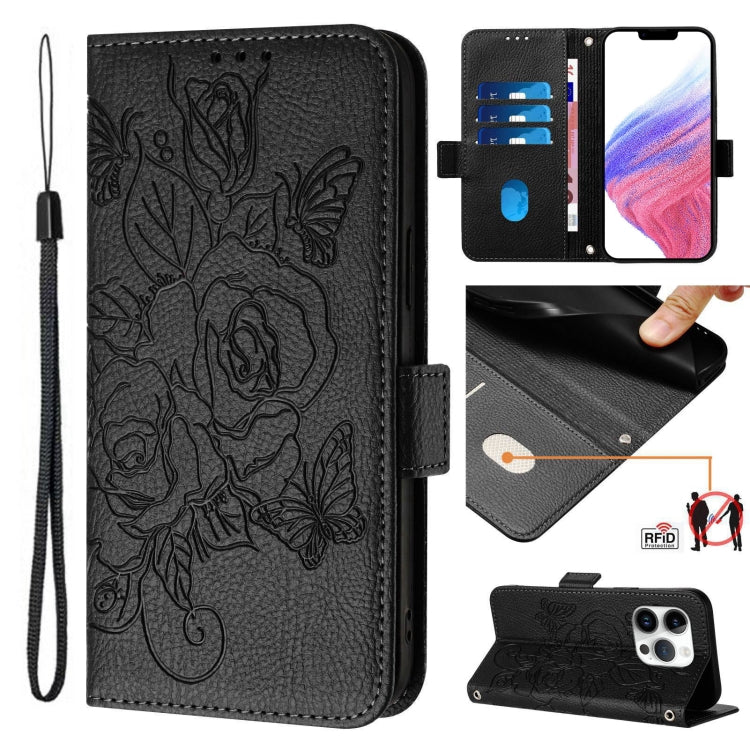 Embossed Rose RFID Anti-theft Leather Phone Case, For iPhone 16, For iPhone 15 Pro Max, For iPhone 15 Pro, For iPhone 15 Plus, For iPhone 15, For iPhone 14 Plus, For iPhone 14 / 13, For iPhone 14 Pro