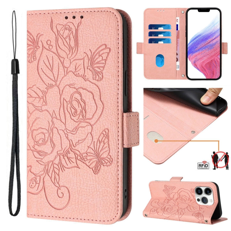 Embossed Rose RFID Anti-theft Leather Phone Case, For iPhone 16, For iPhone 15 Pro Max, For iPhone 15 Pro, For iPhone 15 Plus, For iPhone 15, For iPhone 14 Plus, For iPhone 14 / 13, For iPhone 14 Pro