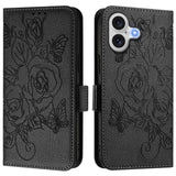Embossed Rose RFID Anti-theft Leather Phone Case, For iPhone 17 Pro Max, For iPhone 17 Pro, For iPhone 17, For iPhone Air, For iPhone SE 2024, For iPhone 16 Pro Max, For iPhone 16 Pro, For iPhone 16 Plus