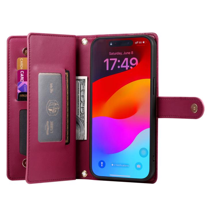 Nine Card-slot Zipper Wallet Bag Leather Phone Case, For iPhone 17 Pro Max, For iPhone 17 Pro, For iPhone 17, For iPhone Air, For iPhone 16e, For iPhone 16 Pro Max, For iPhone 16 Pro, For iPhone 16 Plus