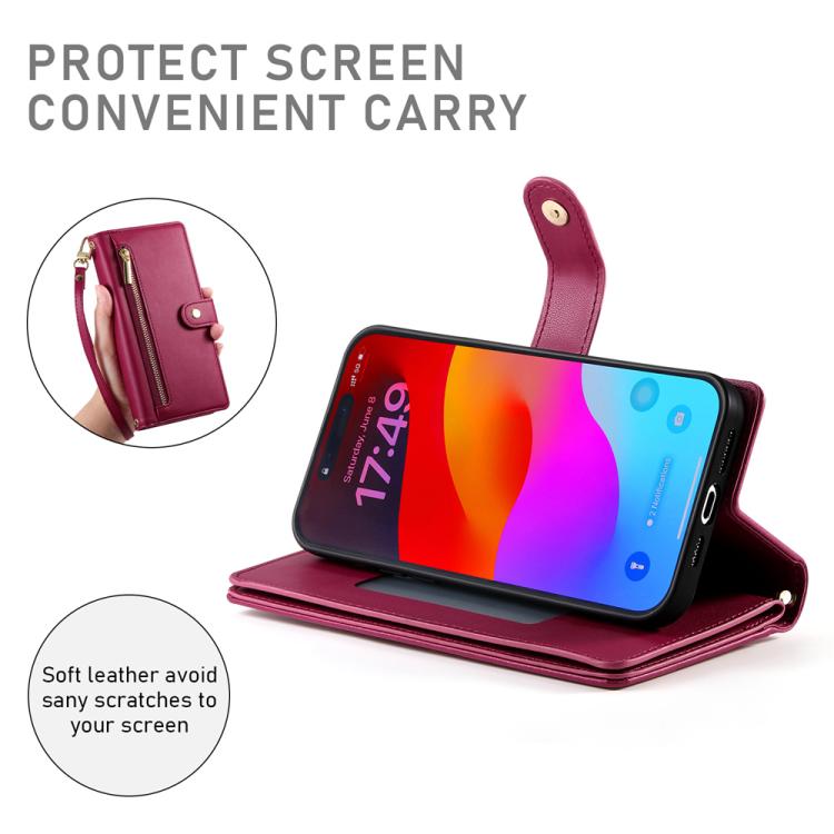 Nine Card-slot Zipper Wallet Bag Leather Phone Case, For iPhone 17 Pro Max, For iPhone 17 Pro, For iPhone 17, For iPhone Air, For iPhone 16e, For iPhone 16 Pro Max, For iPhone 16 Pro, For iPhone 16 Plus