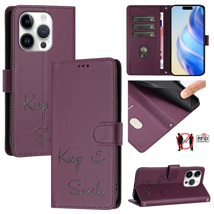 Smile Embossing RFID Leather Phone Case, For iPhone 17 Pro Max, For iPhone 17 Pro, For iPhone 17, For iPhone Air, For iPhone SE 2024, For iPhone 16 Pro Max, For iPhone 16 Pro, For iPhone 16 Plus