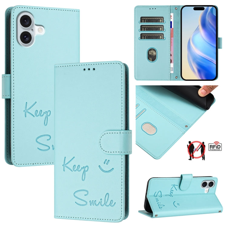 Smile Embossing RFID Leather Phone Case, For iPhone 17 Pro Max, For iPhone 17 Pro, For iPhone 17, For iPhone Air, For iPhone SE 2024, For iPhone 16 Pro Max, For iPhone 16 Pro, For iPhone 16 Plus