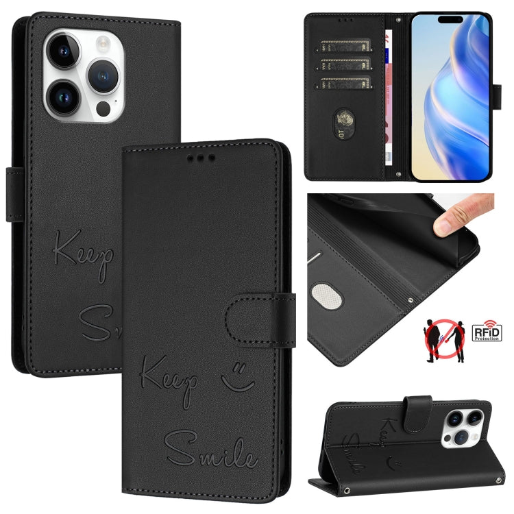 Smile Embossing RFID Leather Phone Case, For iPhone 16, For iPhone 15 Pro Max, For iPhone 15 Pro, For iPhone 15 Plus, For iPhone 15, For iPhone 14 Plus, For iPhone 14 / 13, For iPhone 14 Pro