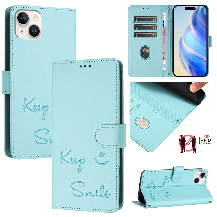 Smile Embossing RFID Leather Phone Case, For iPhone 16, For iPhone 15 Pro Max, For iPhone 15 Pro, For iPhone 15 Plus, For iPhone 15, For iPhone 14 Plus, For iPhone 14 / 13, For iPhone 14 Pro