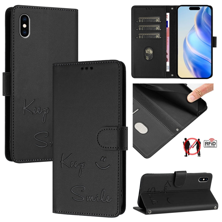Smile Embossing RFID Leather Phone Case, For iPhone 11 Pro Max, For iPhone 11, For iPhone 11 Pro, For iPod Touch 7 / 6 / 5, For iPhone X / XS, For iPhone XR, For iPhone XS Max, For iPhone 8 Plus / 7 Plus