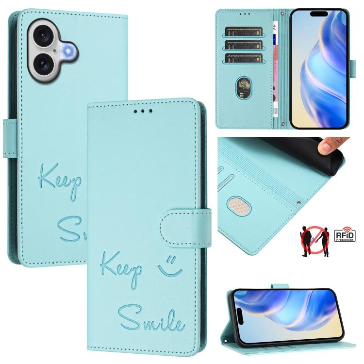 Smile Embossing RFID Leather Phone Case, For iPhone 17 Pro Max, For iPhone 17 Pro, For iPhone 17, For iPhone Air, For iPhone SE 2024, For iPhone 16 Pro Max, For iPhone 16 Pro, For iPhone 16 Plus