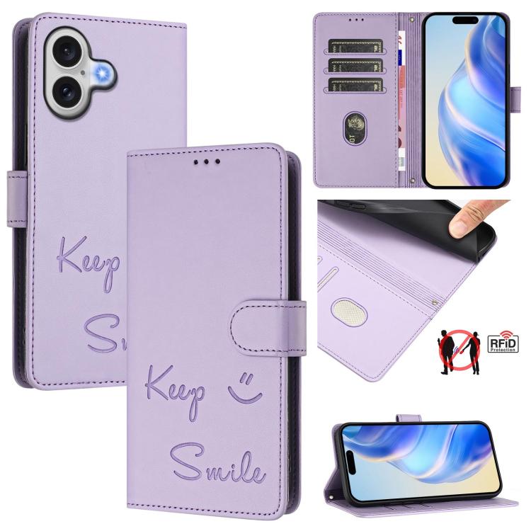 Smile Embossing RFID Leather Phone Case, For iPhone 17 Pro Max, For iPhone 17 Pro, For iPhone 17, For iPhone Air, For iPhone SE 2024, For iPhone 16 Pro Max, For iPhone 16 Pro, For iPhone 16 Plus