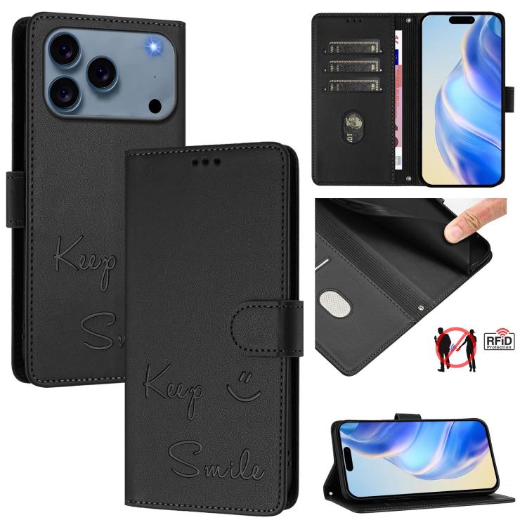 Smile Embossing RFID Leather Phone Case, For iPhone 17 Pro Max, For iPhone 17 Pro, For iPhone 17, For iPhone Air, For iPhone SE 2024, For iPhone 16 Pro Max, For iPhone 16 Pro, For iPhone 16 Plus