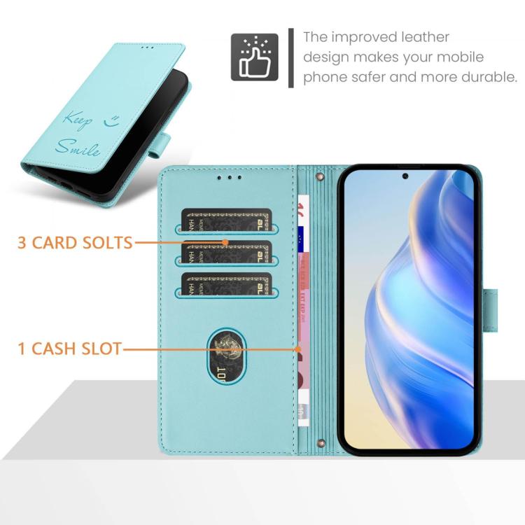 Smile Embossing RFID Leather Phone Case, For iPhone 17 Pro Max, For iPhone 17 Pro, For iPhone 17, For iPhone Air, For iPhone SE 2024, For iPhone 16 Pro Max, For iPhone 16 Pro, For iPhone 16 Plus