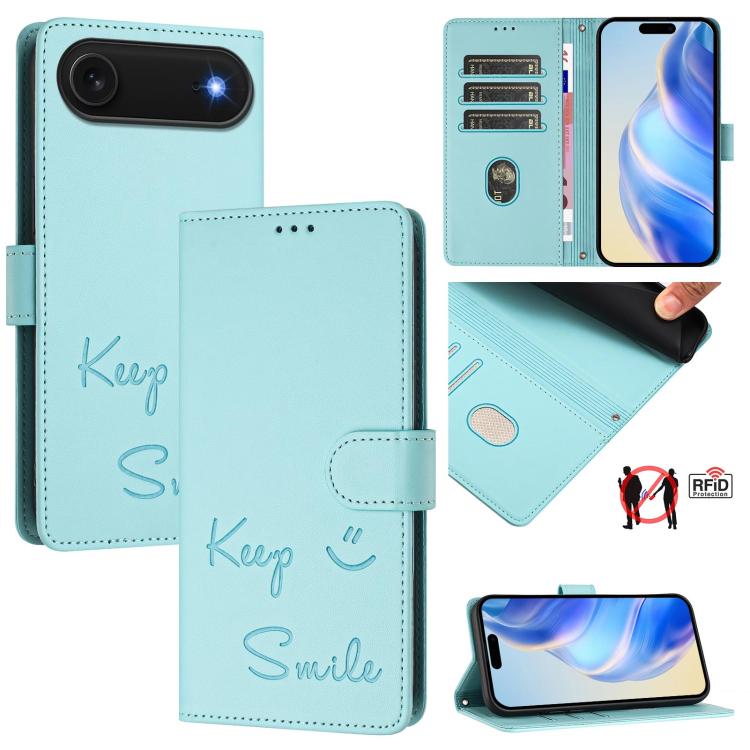 Smile Embossing RFID Leather Phone Case, For iPhone 17 Pro Max, For iPhone 17 Pro, For iPhone 17, For iPhone Air, For iPhone SE 2024, For iPhone 16 Pro Max, For iPhone 16 Pro, For iPhone 16 Plus