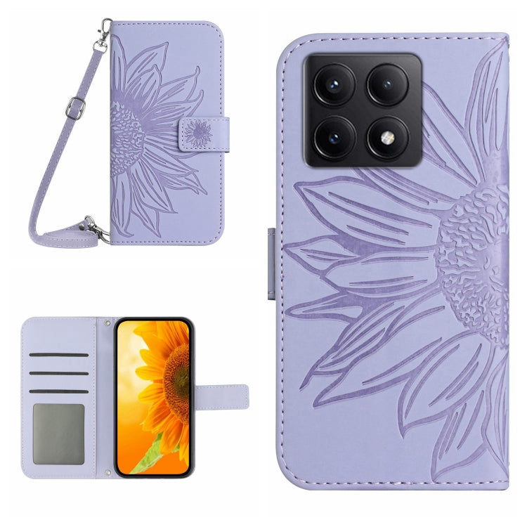Skin Feel Sun Flower Embossed Flip Leather Phone Case with Lanyard, For Xiaomi 14T Pro 5G Global, For Xiaomi 14T 5G Global