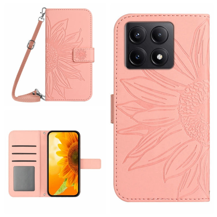 Skin Feel Sun Flower Embossed Flip Leather Phone Case with Lanyard, For Xiaomi 14T Pro 5G Global, For Xiaomi 14T 5G Global