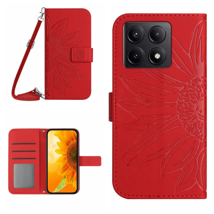 Skin Feel Sun Flower Embossed Flip Leather Phone Case with Lanyard, For Xiaomi 14T Pro 5G Global, For Xiaomi 14T 5G Global