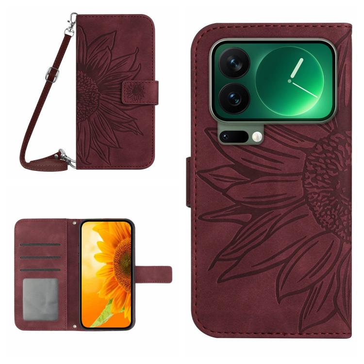 Skin Feel Sun Flower Embossed Flip Leather Phone Case with Lanyard, For Xiaomi 17 Pro, For Xiaomi 17, For Xiaomi Poco M7 4G 169mm, For Xiaomi 15T Pro