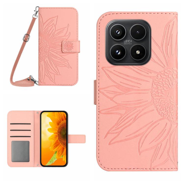 Skin Feel Sun Flower Embossed Flip Leather Phone Case with Lanyard, For Xiaomi 17, For Xiaomi Poco M7 4G 169mm, For Xiaomi 15T Pro, For Xiaomi 15T