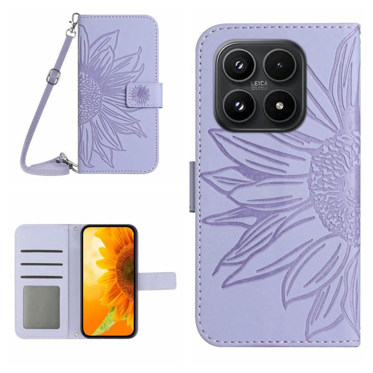 Skin Feel Sun Flower Embossed Flip Leather Phone Case with Lanyard, For Xiaomi 17, For Xiaomi Poco M7 4G 169mm, For Xiaomi 15T Pro, For Xiaomi 15T
