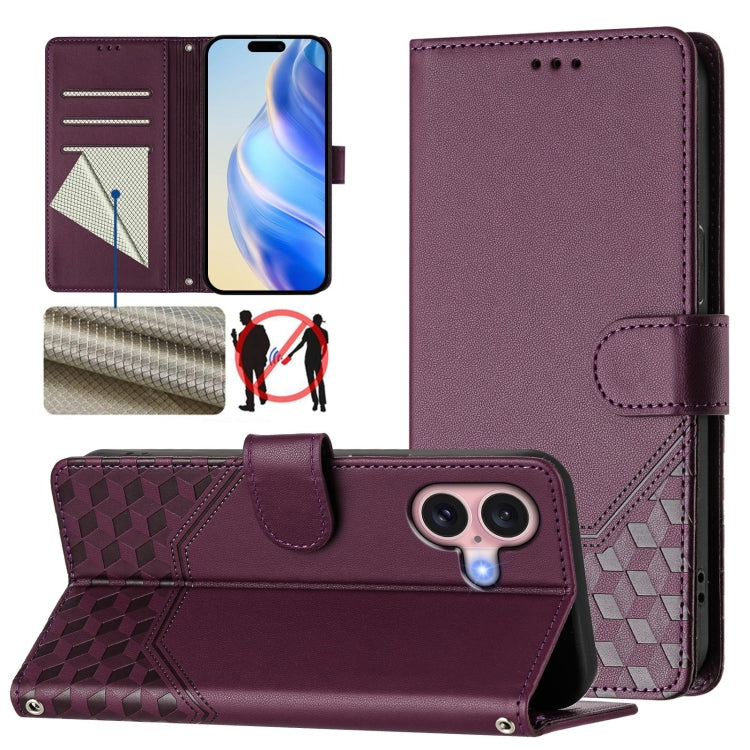 Honeycomb Embossing RFID Leather Phone Case, For iPhone 17e / 16e, For iPhone 17 Pro Max, For iPhone 17 Pro, For iPhone 17, For iPhone Air, For iPhone 16 Pro Max, For iPhone 16 Pro, For iPhone 16 Plus