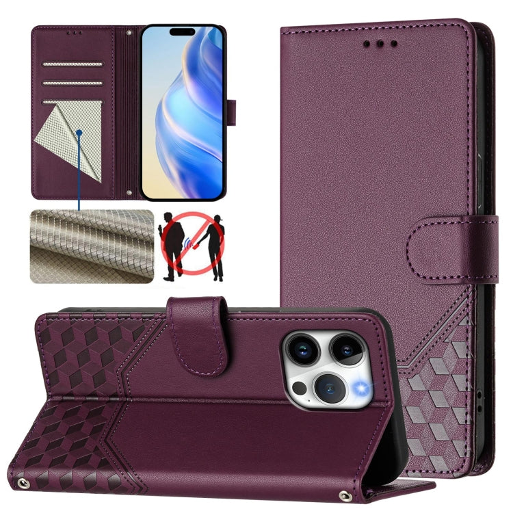 Honeycomb Embossing RFID Leather Phone Case, For iPhone 16, For iPhone 15 Pro Max, For iPhone 15 Pro, For iPhone 15 Plus, For iPhone 15, For iPhone 14 Plus, For iPhone 14 / 13, For iPhone 14 Pro