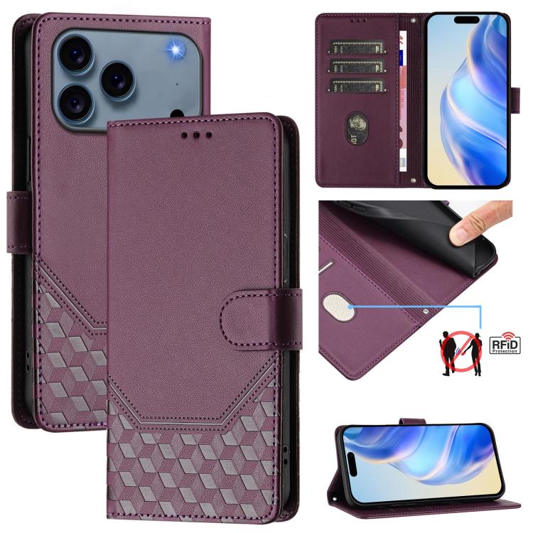 Honeycomb Embossing RFID Leather Phone Case, For iPhone 17e / 16e, For iPhone 17 Pro Max, For iPhone 17 Pro, For iPhone 17, For iPhone Air, For iPhone 16 Pro Max, For iPhone 16 Pro, For iPhone 16 Plus