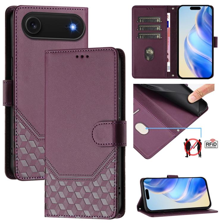 Honeycomb Embossing RFID Leather Phone Case, For iPhone 17e / 16e, For iPhone 17 Pro Max, For iPhone 17 Pro, For iPhone 17, For iPhone Air, For iPhone 16 Pro Max, For iPhone 16 Pro, For iPhone 16 Plus