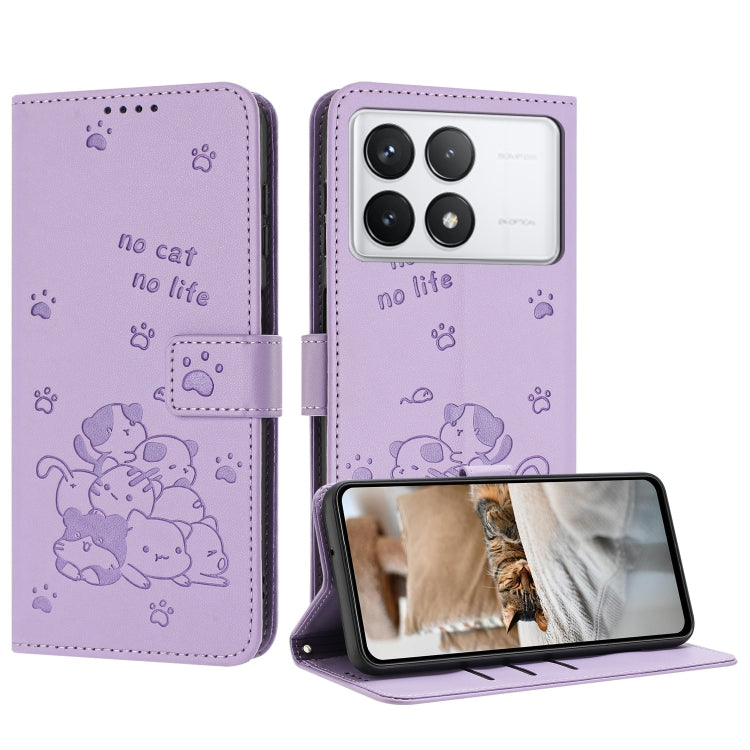 Embossed Kitten Phone Leather Case with Lanyard, For Xiaomi 15 Ultra, For Xiaomi 15 Pro, For Xiaomi 15, For Xiaomi 14T Pro 5G Global, For Xiaomi 14T Global, For Xiaomi Poco M6 4G, For Xiaomi Poco F6, For Xiaomi Poco F6 Pro 5G