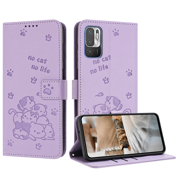 Embossed Kitten Phone Leather Case with Lanyard, For Xiaomi Poco X5 Pro 5G, For Xiaomi Poco X5 5G, For Xiaomi Poco M5s 4G Global, For Xiaomi Poco M3 Pro 5G