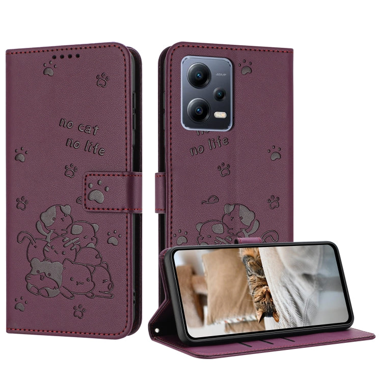 Embossed Kitten Phone Leather Case with Lanyard, For Xiaomi Poco X5 Pro 5G, For Xiaomi Poco X5 5G, For Xiaomi Poco M5s 4G Global, For Xiaomi Poco M3 Pro 5G