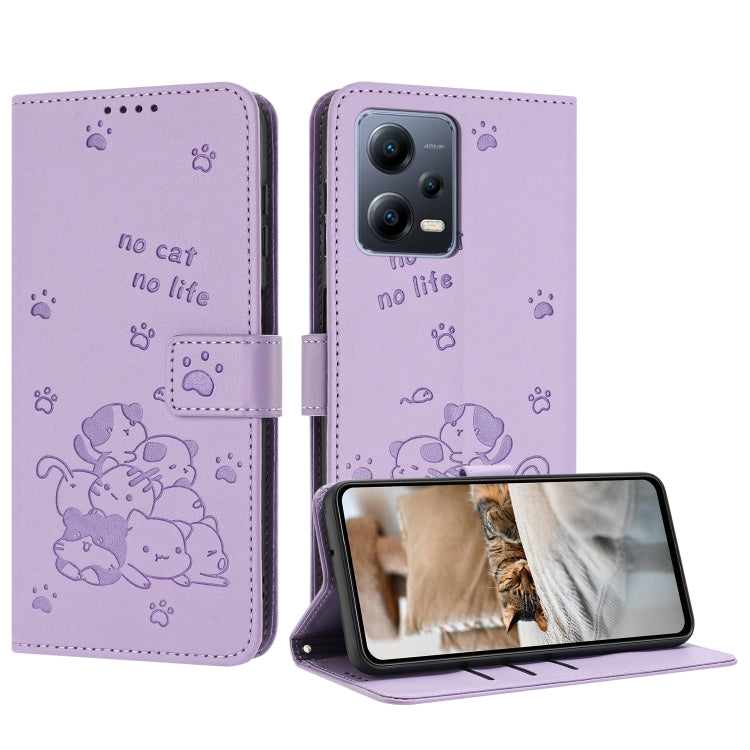 Embossed Kitten Phone Leather Case with Lanyard, For Xiaomi Poco X5 Pro 5G, For Xiaomi Poco X5 5G, For Xiaomi Poco M5s 4G Global, For Xiaomi Poco M3 Pro 5G