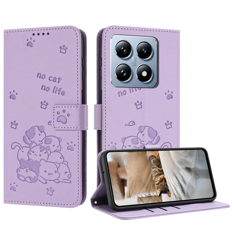 Embossed Kitten Phone Leather Case with Lanyard, For Xiaomi 15 Ultra, For Xiaomi 15 Pro, For Xiaomi 15, For Xiaomi 14T Pro 5G Global, For Xiaomi 14T Global, For Xiaomi Poco M6 4G, For Xiaomi Poco F6, For Xiaomi Poco F6 Pro 5G