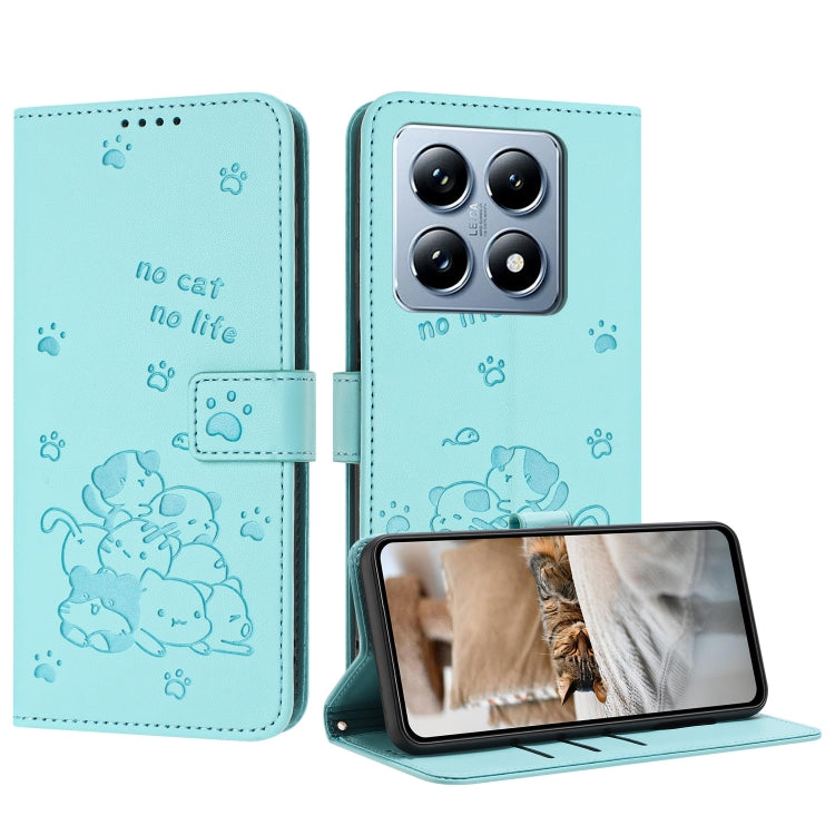 Embossed Kitten Phone Leather Case with Lanyard, For Xiaomi 15 Ultra, For Xiaomi 15 Pro, For Xiaomi 15, For Xiaomi 14T Pro 5G Global, For Xiaomi 14T Global, For Xiaomi Poco M6 4G, For Xiaomi Poco F6, For Xiaomi Poco F6 Pro 5G
