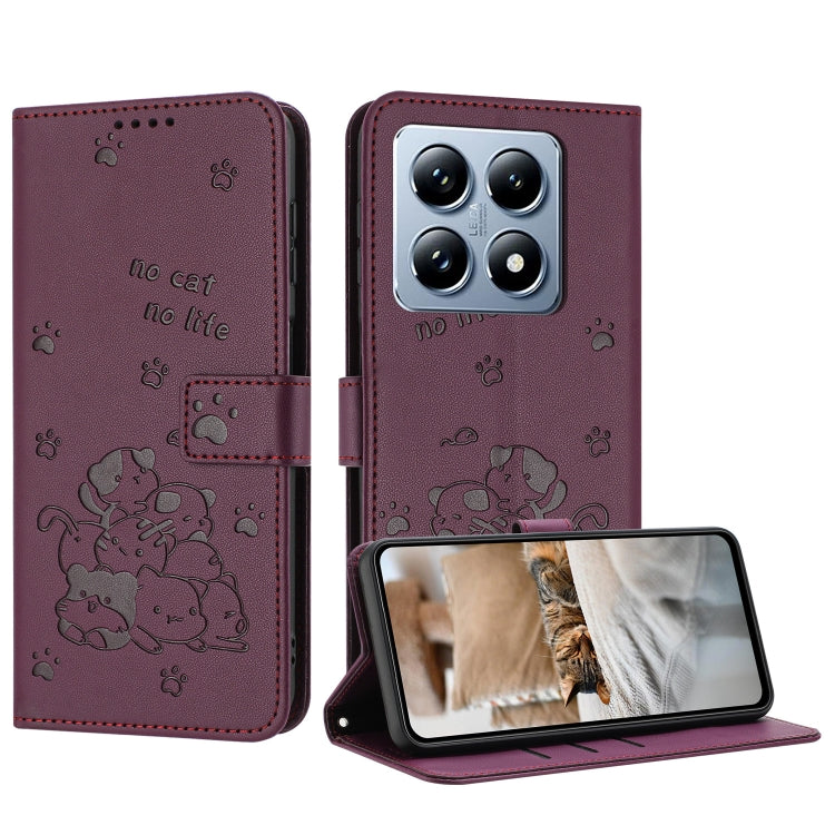 Embossed Kitten Phone Leather Case with Lanyard, For Xiaomi 15 Ultra, For Xiaomi 15 Pro, For Xiaomi 15, For Xiaomi 14T Pro 5G Global, For Xiaomi 14T Global, For Xiaomi Poco M6 4G, For Xiaomi Poco F6, For Xiaomi Poco F6 Pro 5G