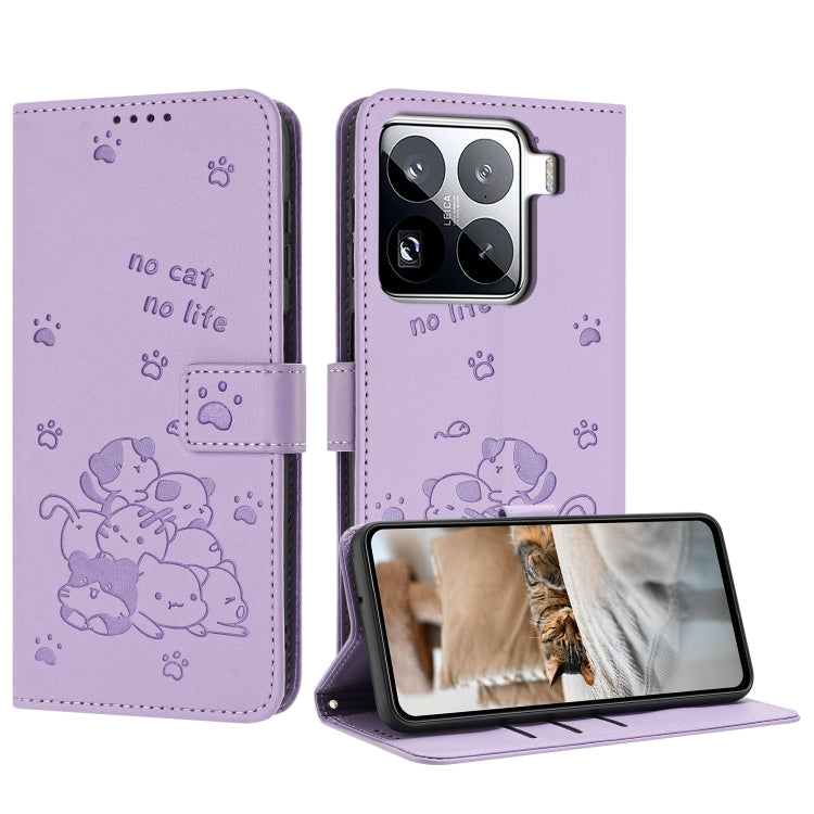 Embossed Kitten Phone Leather Case with Lanyard, For Xiaomi 15 Ultra, For Xiaomi 15 Pro, For Xiaomi 15, For Xiaomi 14T Pro 5G Global, For Xiaomi 14T Global, For Xiaomi Poco M6 4G, For Xiaomi Poco F6, For Xiaomi Poco F6 Pro 5G