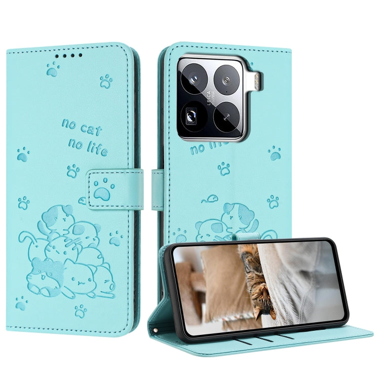 Embossed Kitten Phone Leather Case with Lanyard, For Xiaomi 15 Ultra, For Xiaomi 15 Pro, For Xiaomi 15, For Xiaomi 14T Pro 5G Global, For Xiaomi 14T Global, For Xiaomi Poco M6 4G, For Xiaomi Poco F6, For Xiaomi Poco F6 Pro 5G