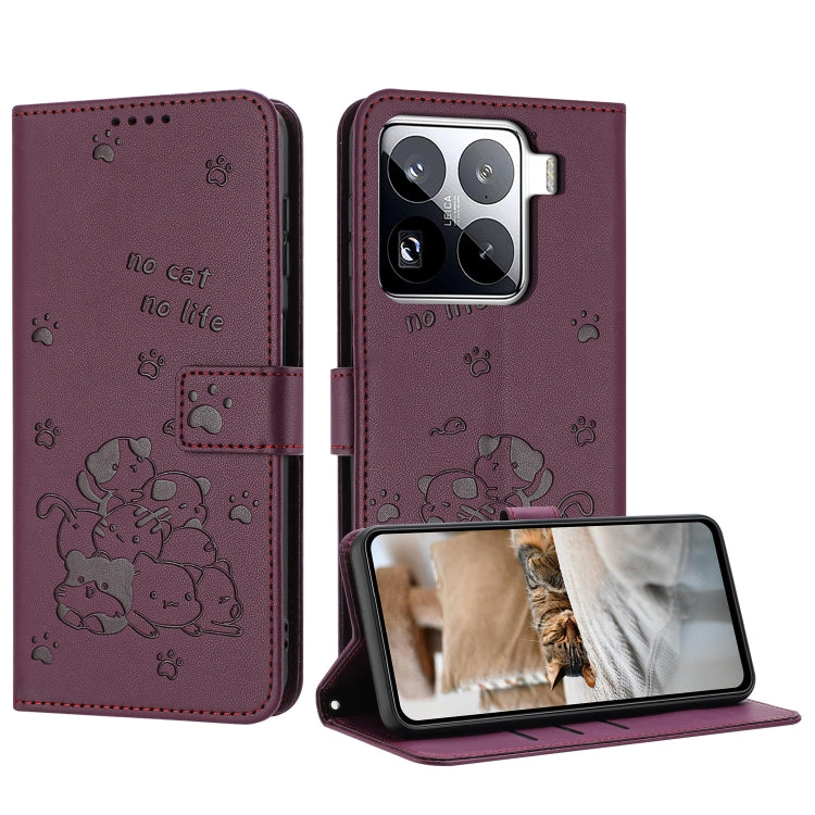 Embossed Kitten Phone Leather Case with Lanyard, For Xiaomi 15 Ultra, For Xiaomi 15 Pro, For Xiaomi 15, For Xiaomi 14T Pro 5G Global, For Xiaomi 14T Global, For Xiaomi Poco M6 4G, For Xiaomi Poco F6, For Xiaomi Poco F6 Pro 5G