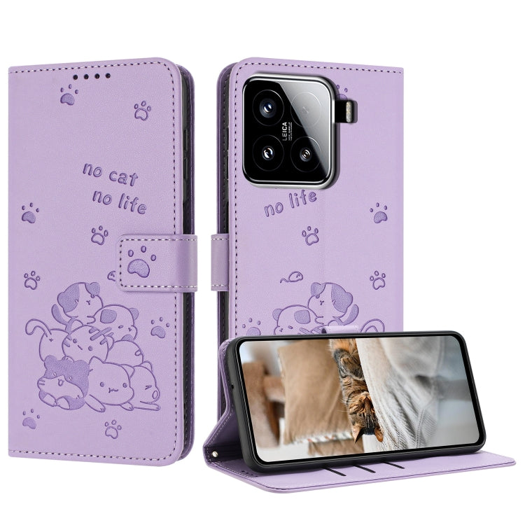 Embossed Kitten Phone Leather Case with Lanyard, For Xiaomi 15 Ultra, For Xiaomi 15 Pro, For Xiaomi 15, For Xiaomi 14T Pro 5G Global, For Xiaomi 14T Global, For Xiaomi Poco M6 4G, For Xiaomi Poco F6, For Xiaomi Poco F6 Pro 5G